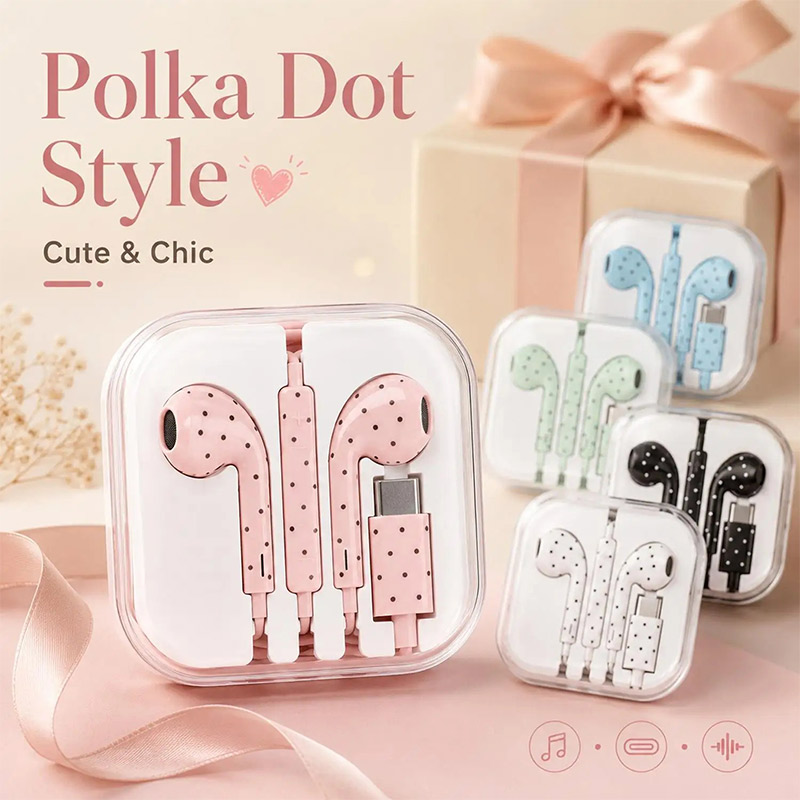 Type C Wired Earphones With Mic - Earphone Kabel Tipe-C Motif Polkadot yang